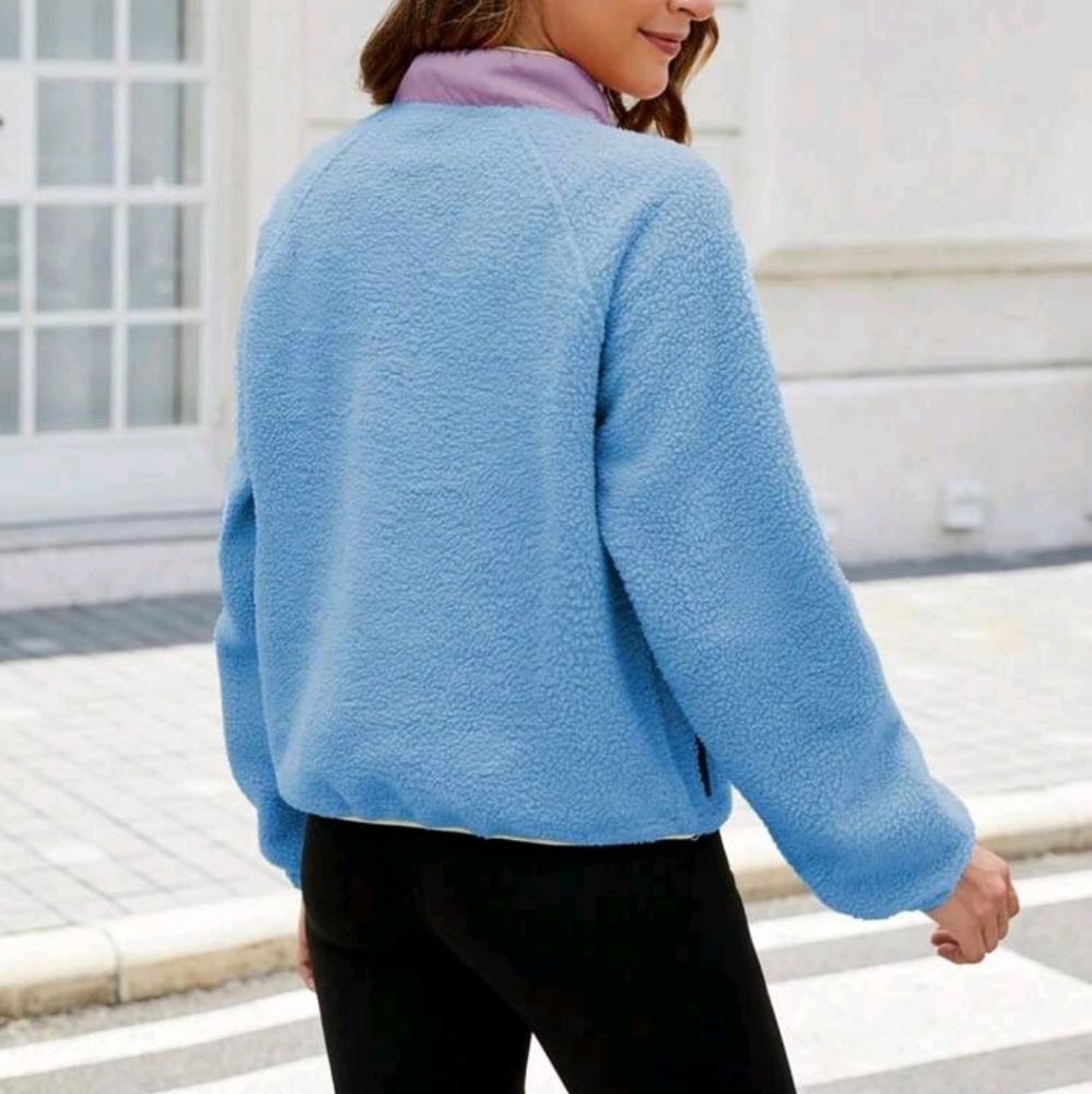 Lightweight Fleece Pullover Jacket Cropped Fall Winter Fuzzy Sherpa Jacket - Picture 2 of 6